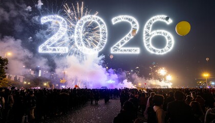 New Year 2026 street celebration, giant illuminated '2026' sign, fireworks in sky