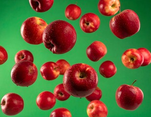 Vibrant red apples suspended in mid-air against a bright green background, creating a dynamic and fresh visual.