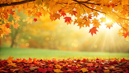 Vibrant autumn scene with bright orange and red maple leaves covering the ground and hanging from tree branches, soft sunlight filtering through the canopy, creating a warm, magical forest background