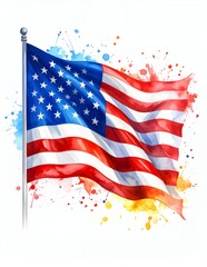 Vibrant watercolor painting of the American flag waving proudly.