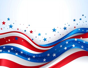 Vibrant Waving American Flag Ribbons with Stars on a White Background.