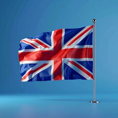 Vibrant Union Jack flag proudly waving on a flagpole against a clear blue background, symbolizing British heritage and national pride.