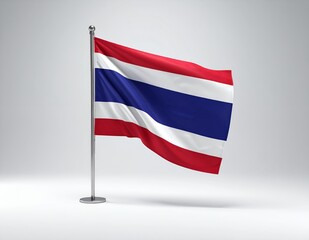 Waving Flag of Thailand on a Pole Against a Clean White Background, Representing National Pride and Identity.