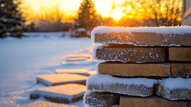 Winter's Embrace: Snow-laden bricks stand tall as the golden sun sets, painting a serene landscape. A path of icy pavers leads into the glowing horizon.