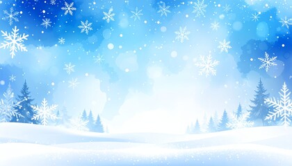 Winter Wonderland Background with Falling Snowflakes and Snowy Forest Landscape.