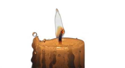 Burning candle flame wax dripping light close up macro detail fire wick glow on transparent background