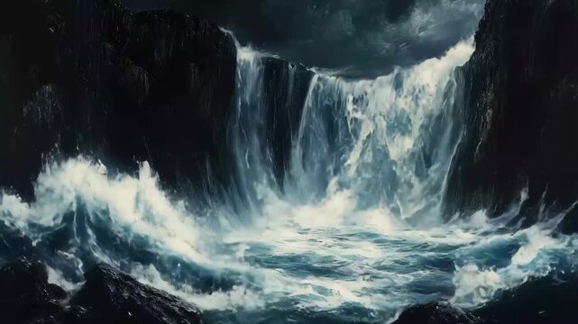 Crashing Waves: A breathtaking view of powerful, tumultuous ocean waves surging against dark, imposing cliffs. A raw display of nature's formidable force and aquatic grandeur.