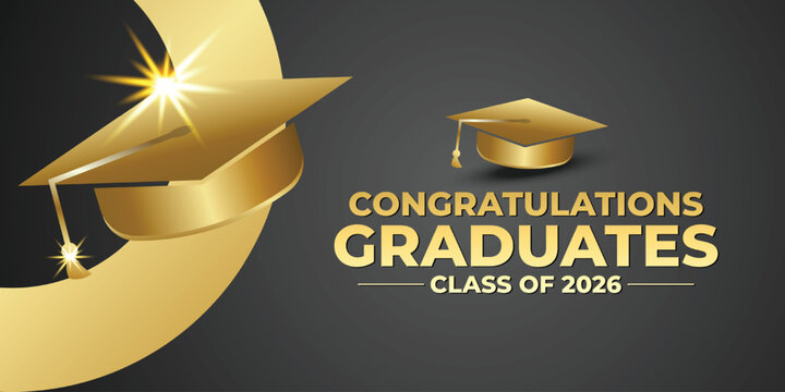 Gold Graduation Cap Banner with Class of 2026 Text and Shiny Celebration Theme