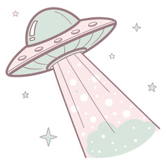 Cute pastel colored cartoon flying saucer abducting something with a soft light beam surrounded by simple stars on white background