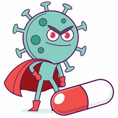 Cartoon coronavirus character dressed as a superhero standing triumphantly over a giant medical pill symbolizing viral resistance or cure concept
