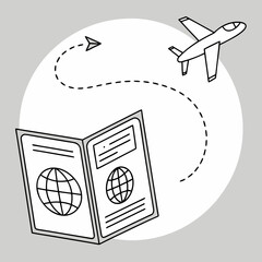 Simple line art icon depicting an open passport with an airplane and dashed flight path symbolizing international travel and vacation planning