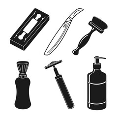 Collection of classic barber tools and shaving accessories including straight razor safety razor brush and soap in minimalist black silhouette style