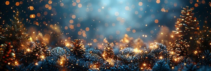 Panoramic Winter Forest with Twinkling Lights and Snow