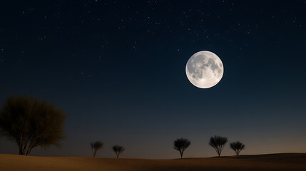 Ethereal moonlight bathes a serene desert landscape, silhouetting sparse trees against a star-studded night sky. A luminous full moon dominates the horizon.