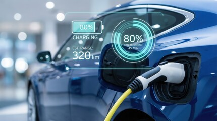 Electric car charging with digital interface showing EV battery driving range