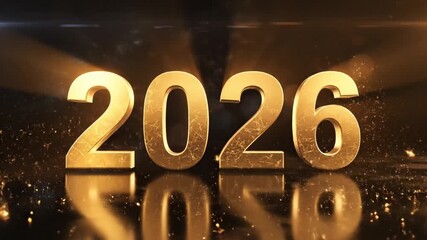 This dynamic video features the bold, three-dimensional metallic gold numbers "2026" standing prominently on a sleek, reflective dark surface. A lavish shower of shimmering golden particles and bokeh