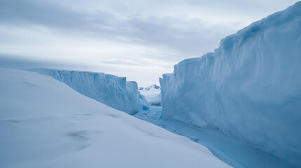 Serene Antarctic landscape: ice cliffs frame snow-filled passage, mountains faint in the distance under soft sky, icy solitude, crisp air. Cold wilderness scene.