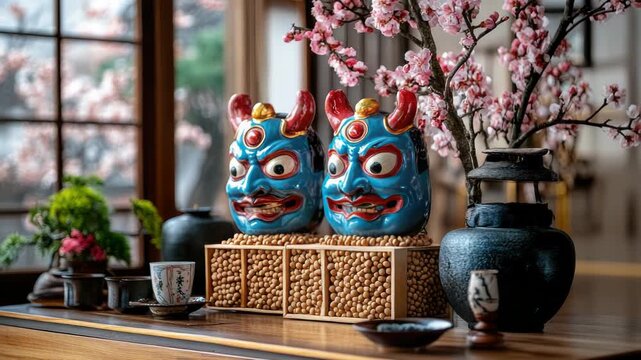 A striking red Oni mask placed next to a wooden box filled with soybeans, symbolizing the Setsubun festival, a Japanese tradition for driving away evil spirits