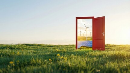 Red door in meadow opening to wind turbines solar panels clean energy future