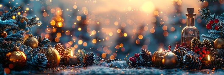 Panoramic Christmas Background with Candles and Ornaments