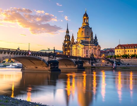 Dresden Frauenkirche and Augustus Bridge at Sunset Reflected in Elbe River.