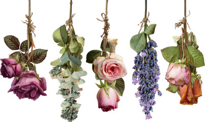 Dried roses, eucalyptus, pink rose, wisteria, orange rose hanging, rustic botanical charm