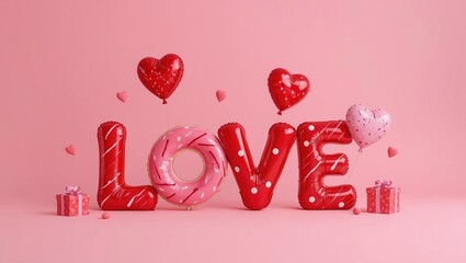  Love Word with Heart Balloons on Pink Background