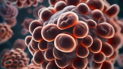 Microscopic view of a cluster of rapidly dividing cancer cells showing their abnormal structure and growth in a dynamic biological environment