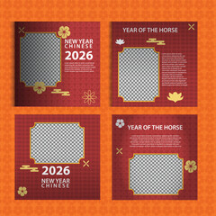 Four square Chinese New Year 2026 template featuring image placeholders, bold red layout, and horse themed decorations. Perfect for social media posts, promotions, festive marketing, greeting layouts,