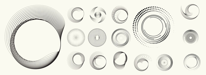 Linear, circular halftone dots circles set,  dotted ring and spiral circle shapes for modern design, technology, or motion graphic backgrounds. Dotted round elements, radial spirals, and vortex.