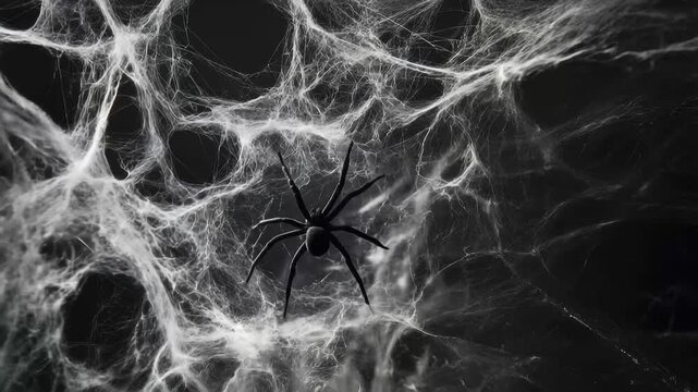 Intricate Spiderweb: An intricate spiderweb stretches across the frame, with a solitary spider poised at its center, against the darkness, evokes feelings of suspense and nature's quiet power.