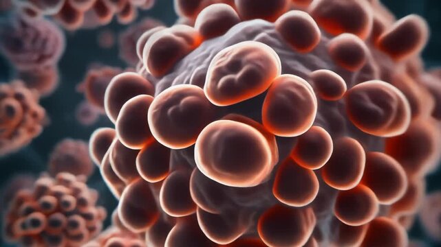 Microscopic view of a cluster of rapidly dividing cancer cells showing their abnormal structure and growth in a dynamic biological environment