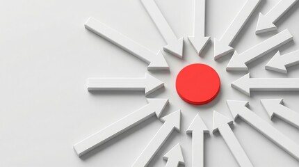 White arrows converging to red circle target, focus business strategy concept