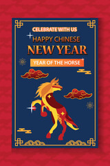 Chinese New Year greeting card featuring a stylized horse illustration on a blue backdrop with elegant festive accents. Ideal for celebrations, invitations, announcements, social media greetings