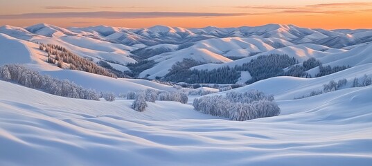 Breathtaking Winter Wonderland Snow-Covered Mountains and Tranquil Hills Under a Soft Sunset Glow