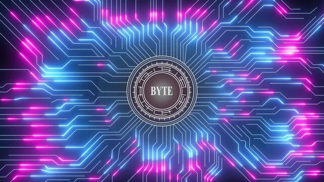 Digital circuit board glowing neon lines data flow abstract technology background with central byte symbol animation