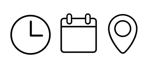 Date Time Place Line Icons Clock Location Calendar Vector icon set