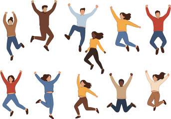 Large Diverse Vector Set of Happy Young People Jumping and Dancing, Illustrating Themes of Celebration, Freedom, Friendship, Teamwork, and Social Activities.