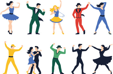 A Dynamic Vector Set of People Dancing in Various Styles and Poses, Featuring Flat Design Characters Enjoying Music and Celebration.