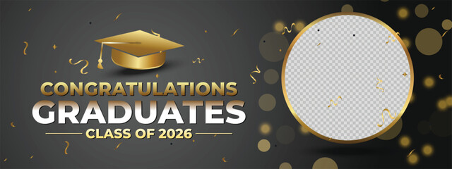 Black and Gold Class of 2026 Graduation Banner with Round Decorative Pattern