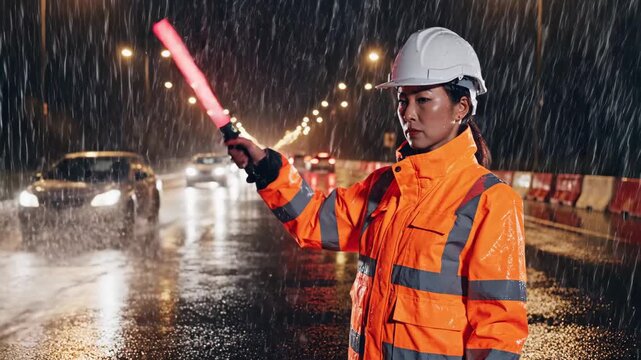 Under heavy rain, a dedicated traffic officer stands resiliently, directing vehicles with a glowing wand. The night is lively with busy streets and shimmering reflections.