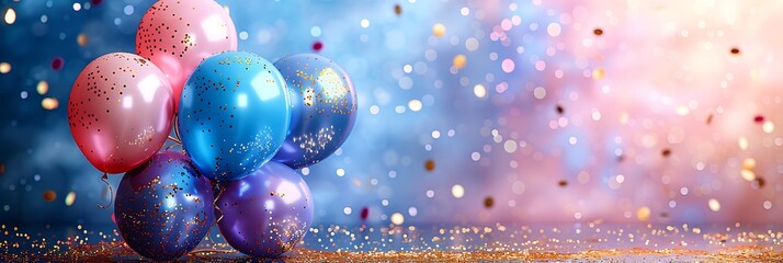 Panoramic Background of Celebration Balloons and Glittering Confetti