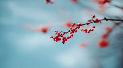 Bright red blooms adorn the branches of a rose bush, creating a stunning spring border. Sunlight dances upon the flowers, enhancing their vivid colors against a serene blue backdrop