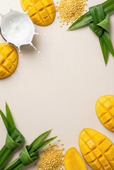 Vertical flat lay frame of Thai dessert ingredients featuring ripe mango coconut milk splash mung beans and pandan leaves on beige background with copy space