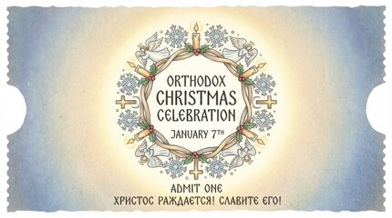 hand-drawn orthodox christmas ticket template illustration template featuring candle and snowflake motifs arranged in a circle on soft gradient background with gentle glow