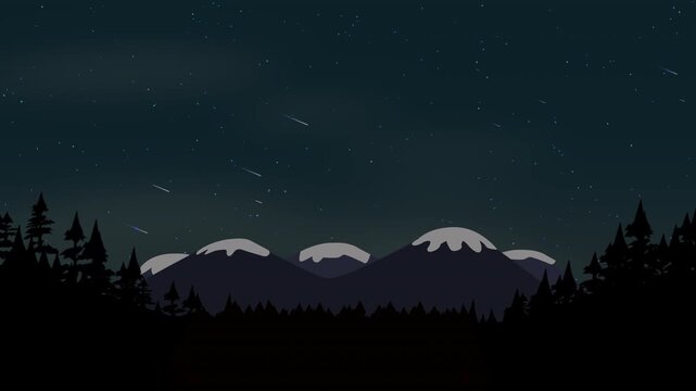 starry mountain range panorama, silent peaks illuminated by falling stars
