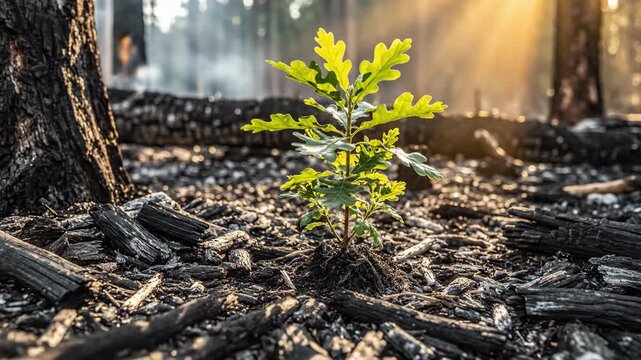In a serene forest recovering from a wildfire, a small oak sapling pushes through charred earth. Sunlight filters through smoke, illuminating its vibrant leaves. Nature's resilience shines brightly.
