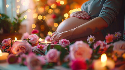 Expecting mother in a serene, cozy room surrounded by candles and flowers during a warm, golden evening