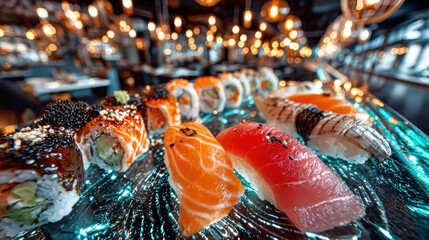 Salmon nigiri tuna nigiri sushi roll sushi counter fish roe restaurant interior closeup fresh fish