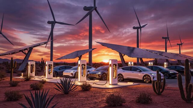 Under a breathtaking sunset, electric vehicles recharge at a unique station surrounded by wind turbines in a serene desert setting. The golden sky complements the natural beauty, creating harmony.